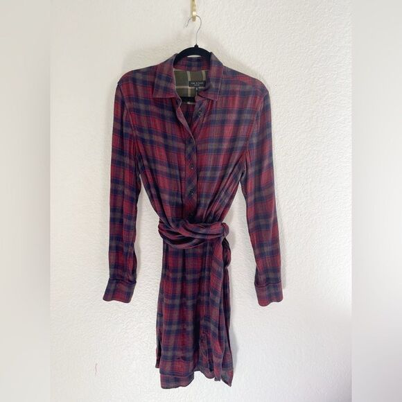 Rag & Bone Felicity Plaid Tie Waist Shirt Dress Burgundy Academia Size M - Picture 3 of 10
